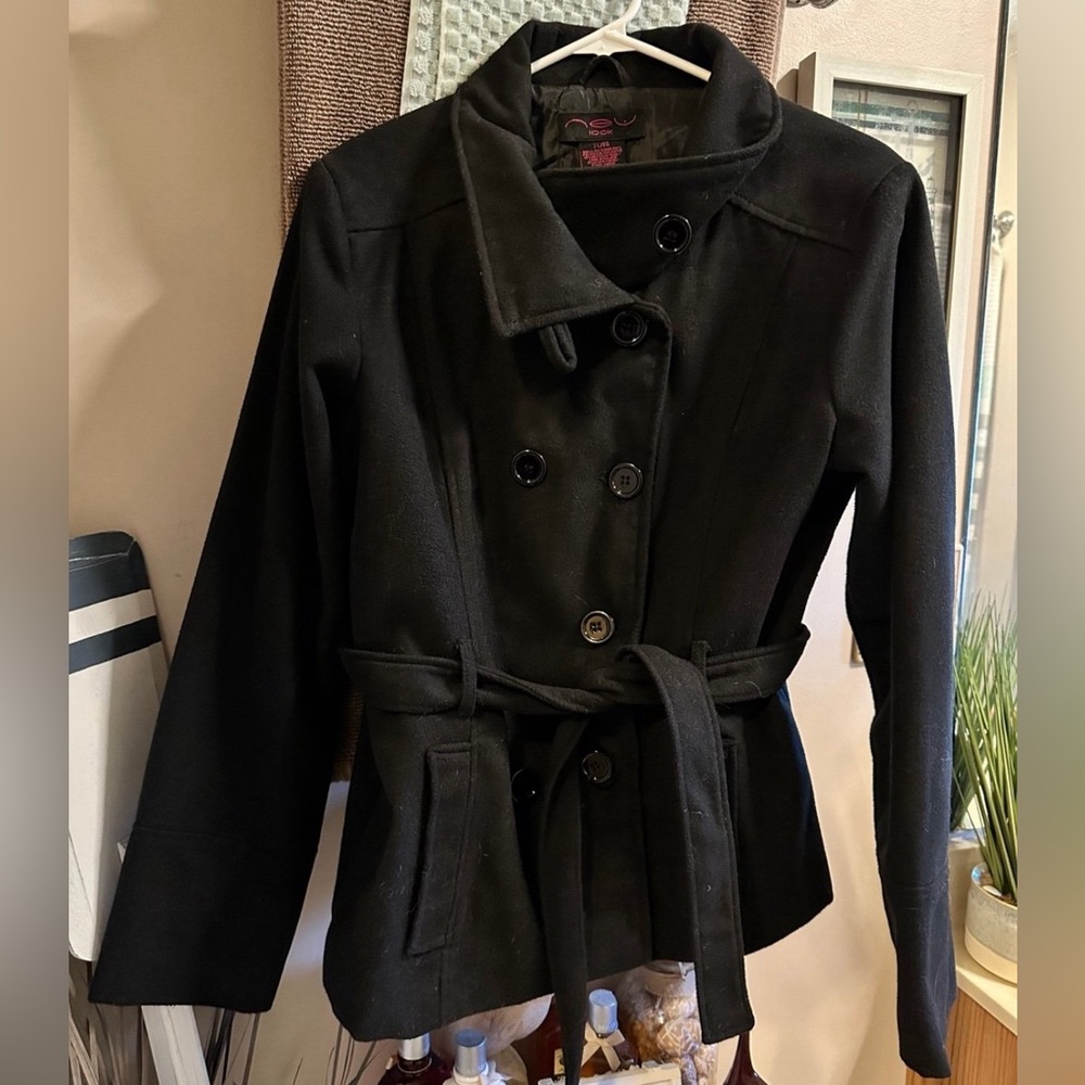 Womans Juniors NEU LOOK Black tie waist Pea coat jacket Coat Size XL extra large